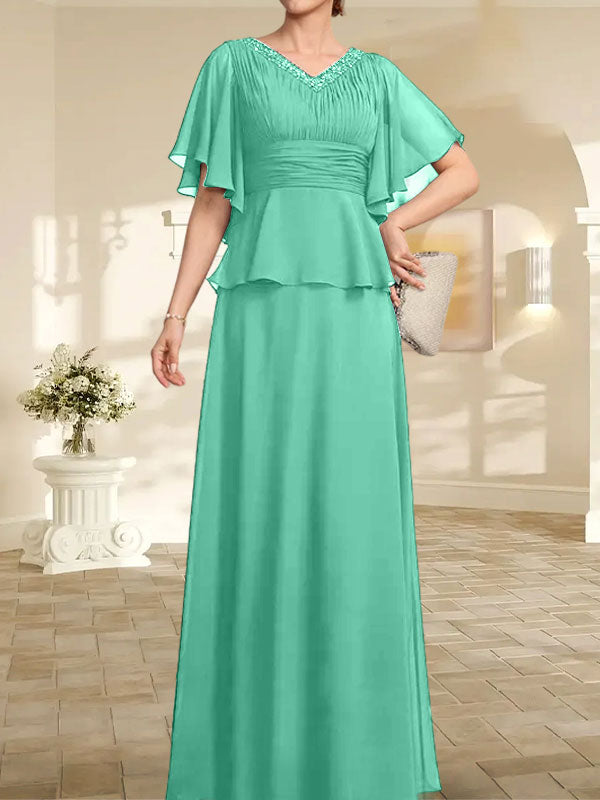 A-Linie, V-Ausschnitt, bodenlanges Chiffonkleid für die Brautmutter mit plissierter Perlenstickerei
