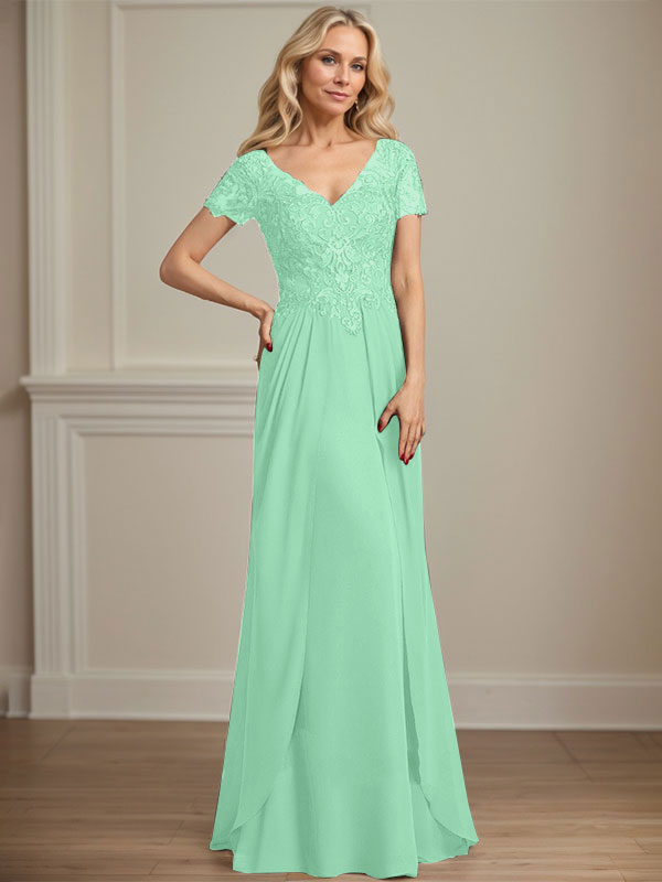 A-Linie V-Ausschnitt Bodenlanges Chiffon-Spitzenkleid für die Brautmutter