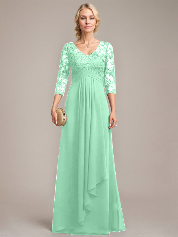 A-Linie, V-Ausschnitt, bodenlanges Chiffon-Kleid für die Brautmutter mit kaskadierenden Rüschen und Pailletten