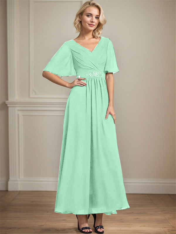 A-Linien-Kleid aus Chiffon mit V-Ausschnitt und Knöchellänge für die Brautmutter mit plissierten Perlen und Pailletten