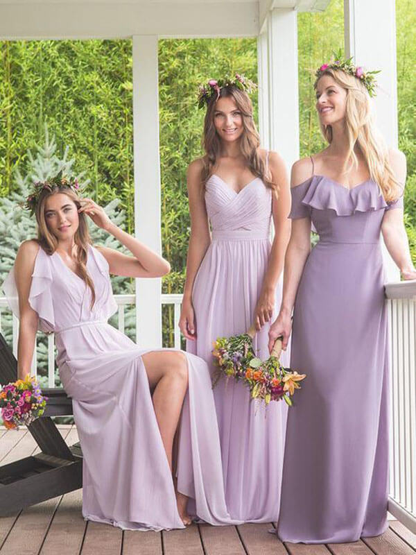 Schlichte Lila A-Linie Chiffon Ungleiche Lange Brautjungfernkleider