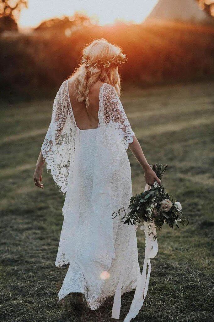 Roycebridal Fledermausärmel Spitze Rustikale Brautkleider Elfenbein Etui Boho Brautkleider