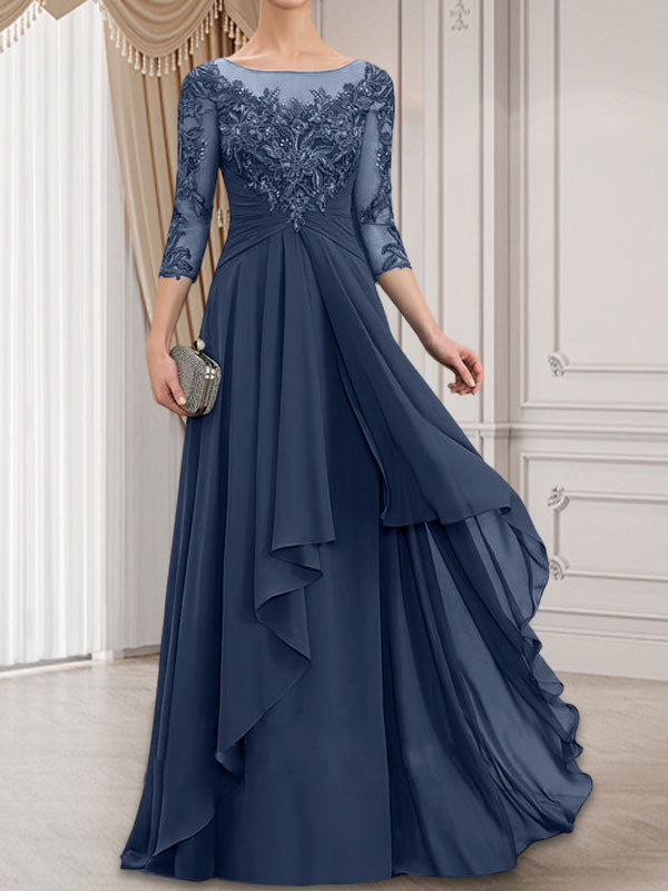 Vestido de gasa con encaje, corte A, escote ilusión, largo hasta el suelo, para madre de la novia con volantes en cascada