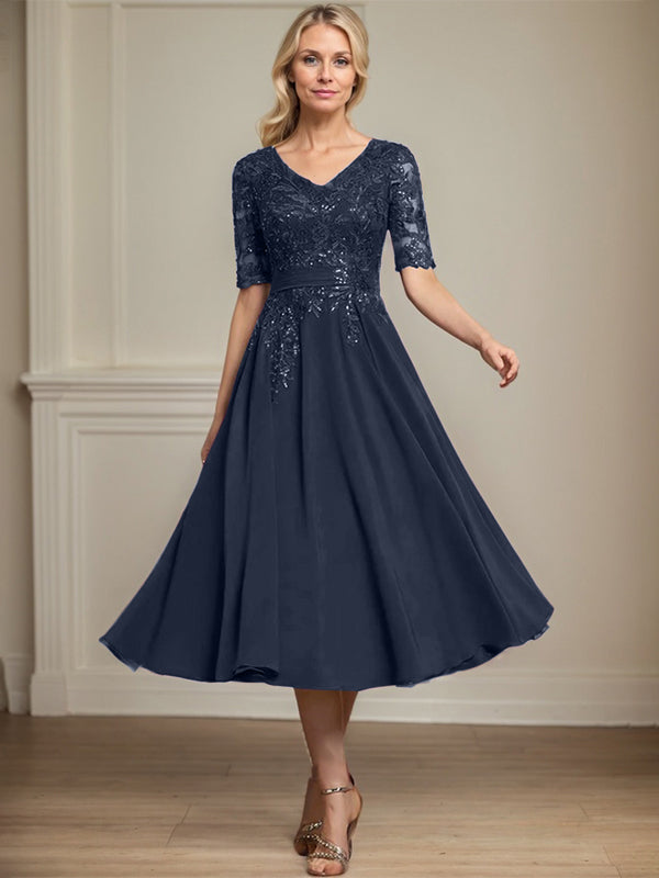 A-Linie V-Ausschnitt Wadenlanges Spitzen-Chiffon-Kleid für die Brautmutter mit Pailletten