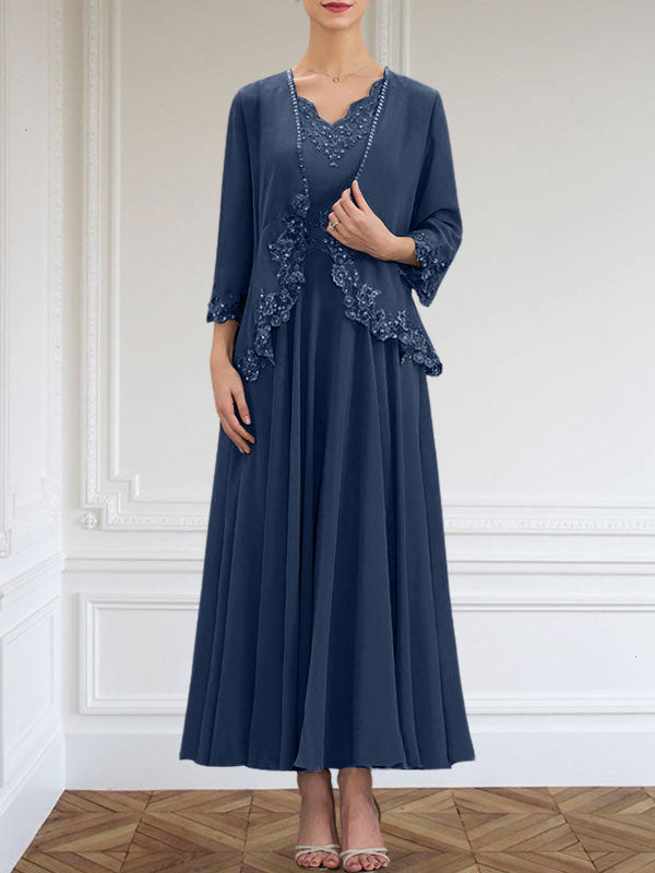 A-Linie V-Ausschnitt Knöchellang Chiffon Kleid für die Brautmutter mit Pailletten Applikationen Spitze Perlen