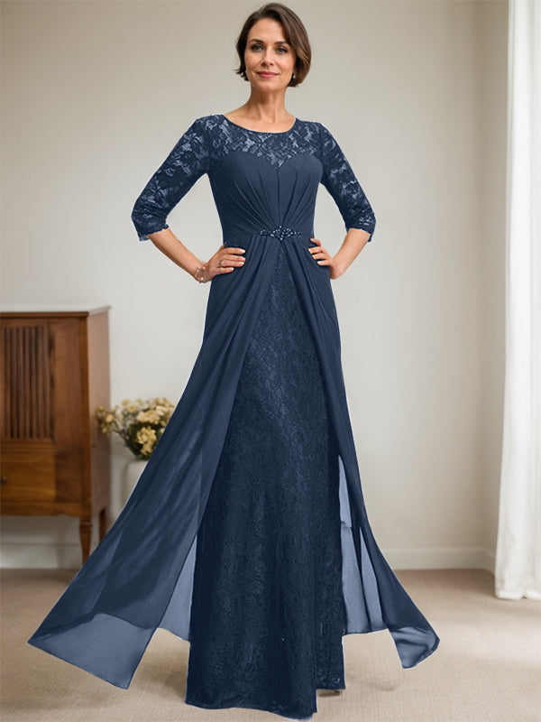 Vestido de gasa con encaje, ilusión, corte A, largo hasta el suelo, para madre de la novia, con volantes y cuentas