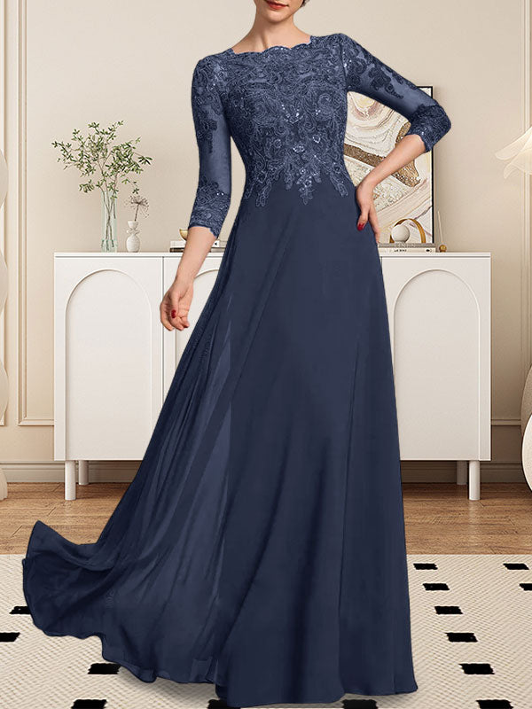 Vestido de gasa con encaje y lentejuelas para madre de la novia, corte A, largo hasta el suelo