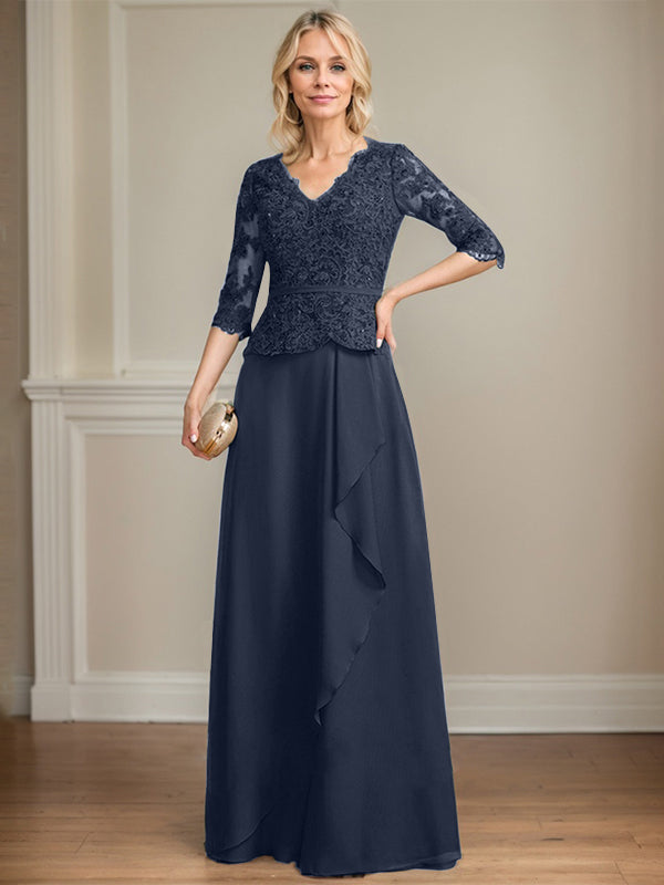 A-Linie, V-Ausschnitt, bodenlanges Chiffon-Kleid für die Brautmutter mit kaskadierenden Rüschen und Pailletten