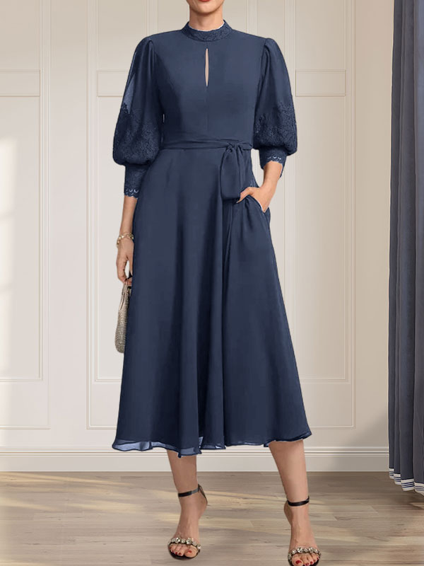 Vestido de gasa con encaje, cuello alto, largo hasta la rodilla, para madre de la novia con lazo