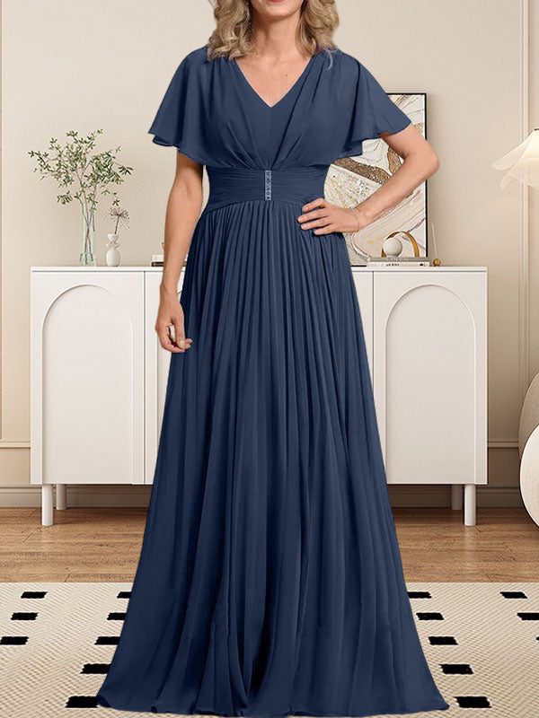 A-Linie V-Ausschnitt Bodenlang Chiffon Mutter der Braut Kleid Mit Kristall Brosche Plissee