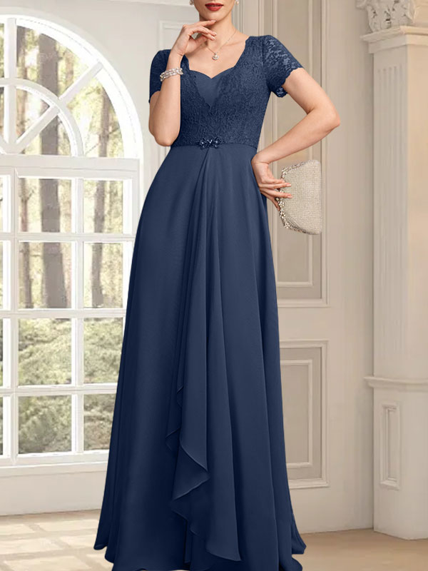 A-Linie, Herzausschnitt, bodenlang, Chiffon, Spitze, Kleid für die Brautmutter mit Perlenbesatz, kaskadierenden Rüschen