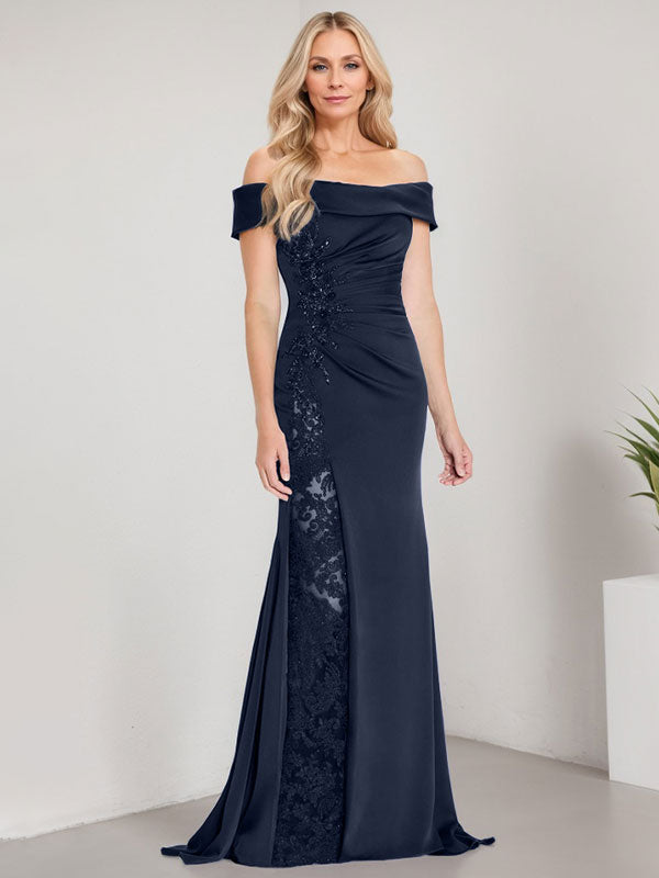 Vestido de sirena con hombros descubiertos, largo hasta el suelo, para madre de la novia, con apliques y cuentas, y abertura alta