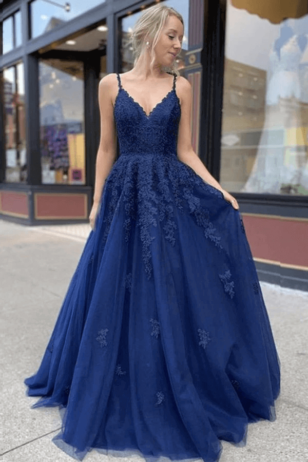 Vestidos de fiesta largos formales con escote en V y encaje de tul