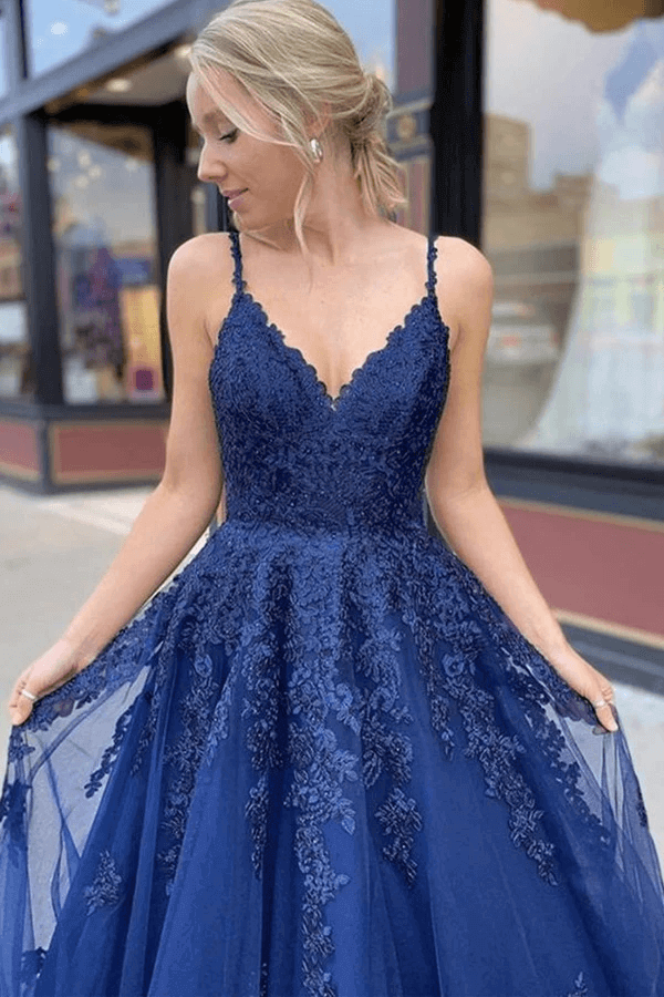 Vestidos de fiesta largos formales con escote en V y encaje de tul