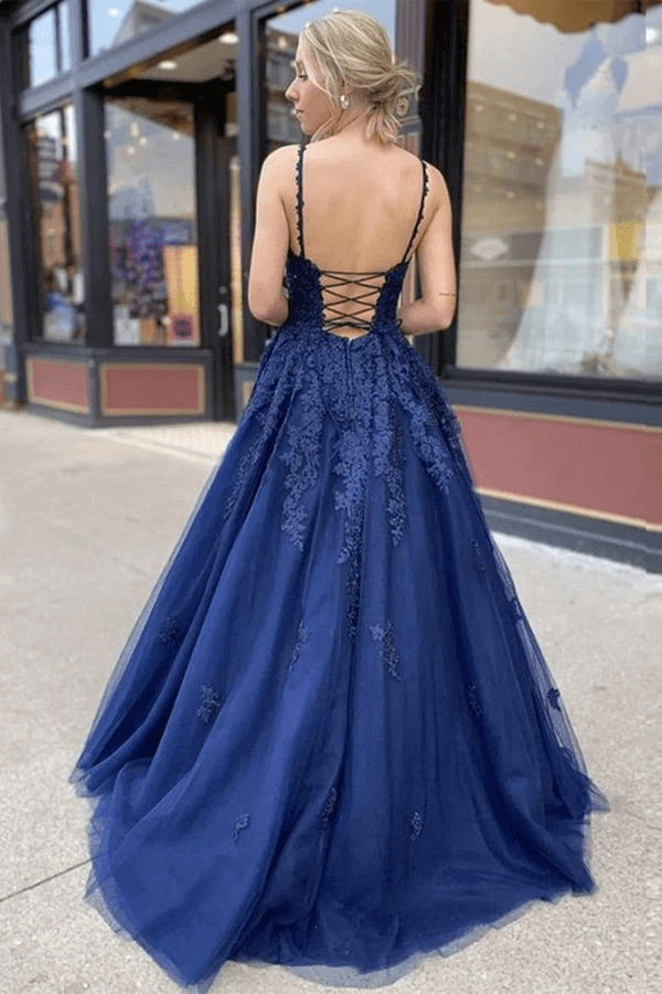 Vestidos de fiesta largos formales con escote en V y encaje de tul