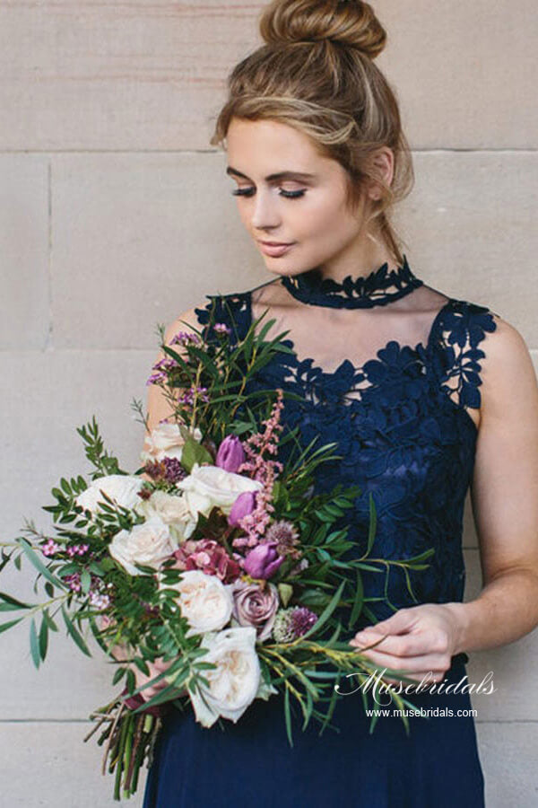 Marineblaues Chiffon A-Linie V-Ausschnitt Brautjungfernkleid, Hochzeitspartykleid