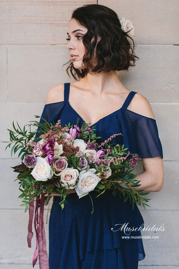 Marineblaues Chiffon A-Linie V-Ausschnitt Brautjungfernkleid, Hochzeitspartykleid