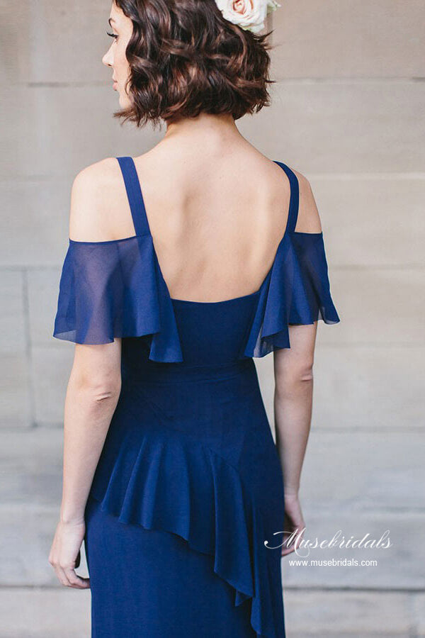 Marineblaues Chiffon A-Linie V-Ausschnitt Brautjungfernkleid, Hochzeitspartykleid