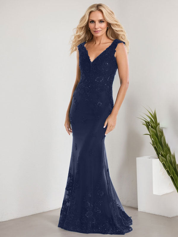 A-Linie V-Ausschnitt Bodenlang Spitze Chiffon Mutter der Braut Kleid Mit Applikation Pailletten Meerjungfrau Kleider