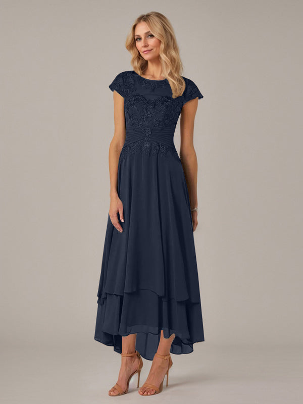 Vestido de madre de la novia de gasa asimétrica con escote barco, ilusión, corte A y encaje con pliegues y apliques