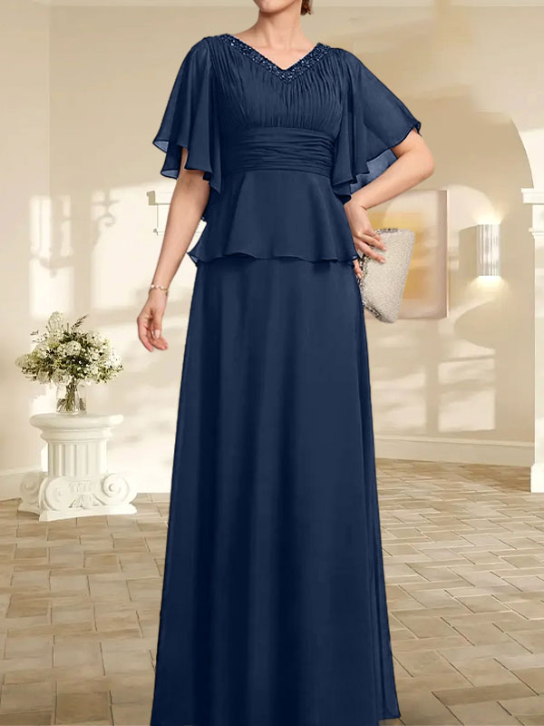 A-Linie, V-Ausschnitt, bodenlanges Chiffonkleid für die Brautmutter mit plissierter Perlenstickerei