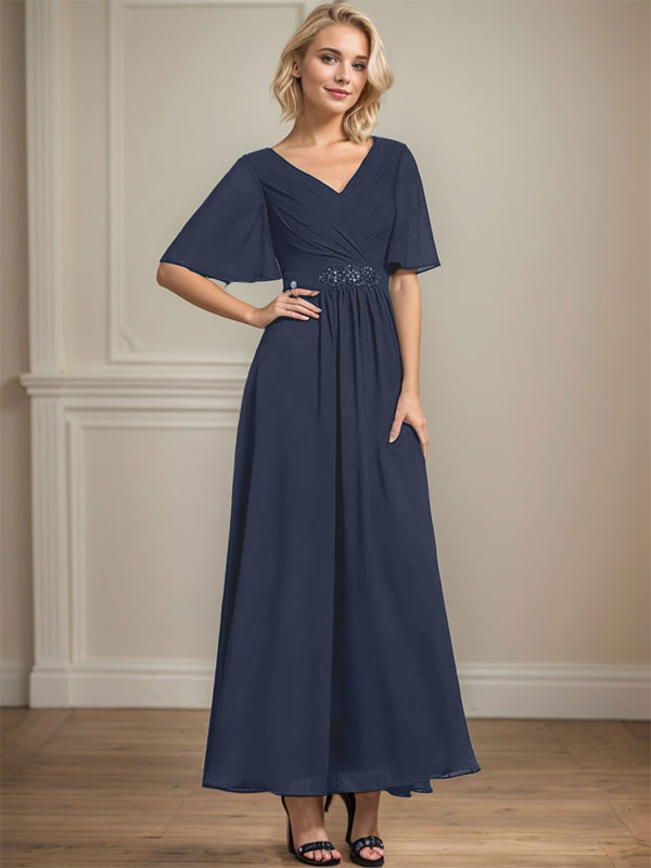 A-Linien-Kleid aus Chiffon mit V-Ausschnitt und Knöchellänge für die Brautmutter mit plissierten Perlen und Pailletten