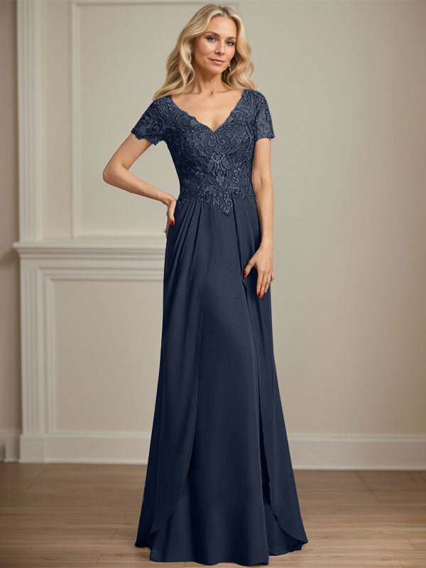 A-Linie V-Ausschnitt Bodenlanges Chiffon-Spitzenkleid für die Brautmutter