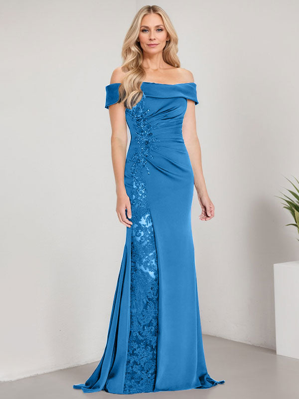 Vestido de sirena con hombros descubiertos, largo hasta el suelo, para madre de la novia, con apliques y cuentas, y abertura alta