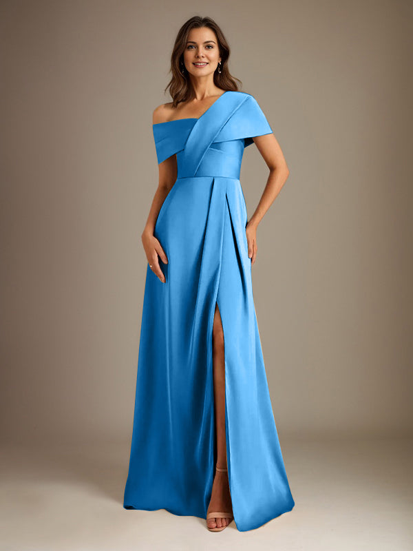 Vestido de madre de la novia de satén con escote asimétrico en forma de A y largo hasta el suelo con pliegues