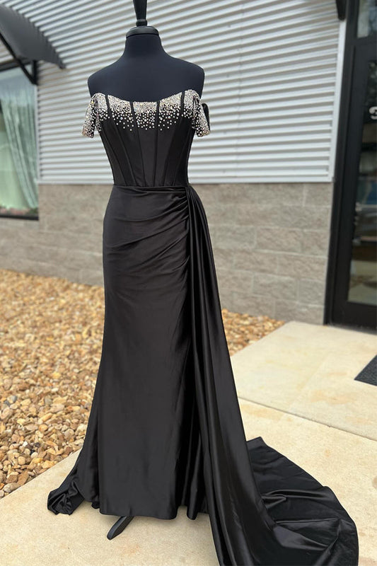 Vestido de fiesta largo negro de corte sirena con hombros descubiertos y cuentas PSK611