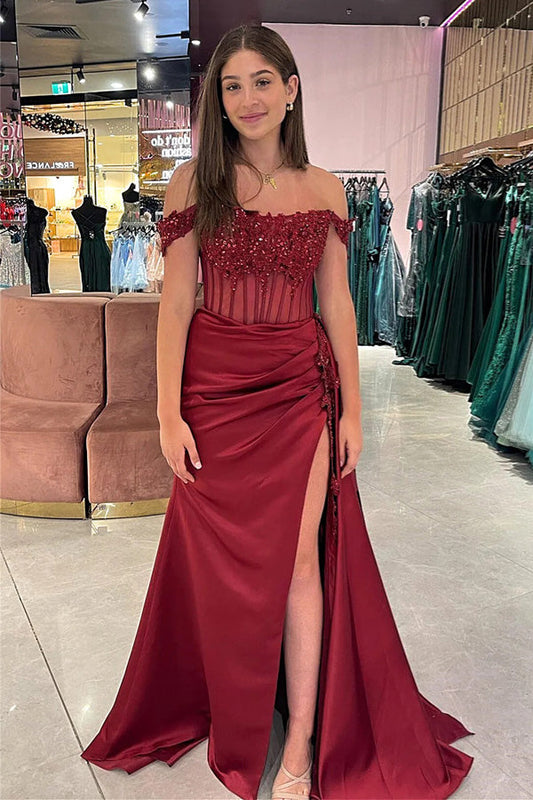 Vestido de fiesta largo con hombros descubiertos, estilo sirena, floral y abertura