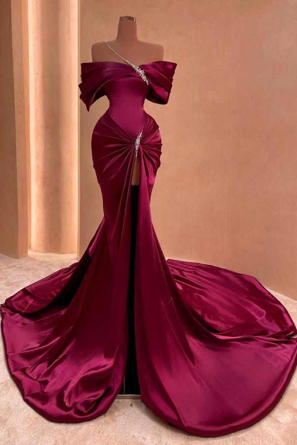 Off-the-shoulder Satin Long Split Front Mermaid Prom Dresses With Beads
