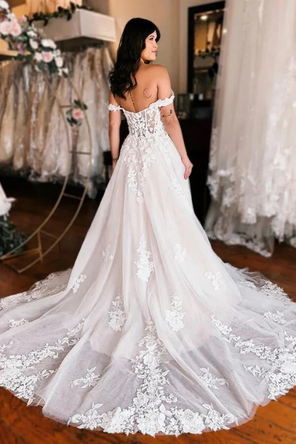 Schulterfreies elegantes Brautkleid Boho Brautkleid mit Schlitz