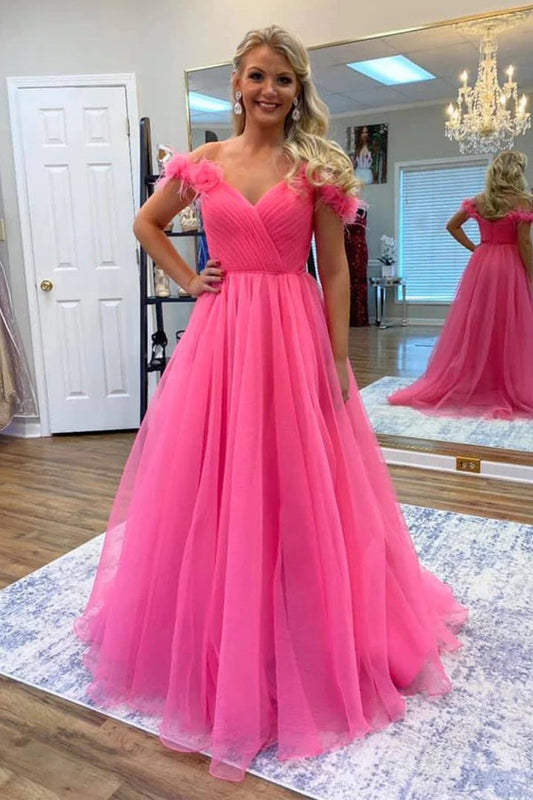 Vestidos de fiesta de tul rosa intenso con hombros descubiertos y flores 3D
