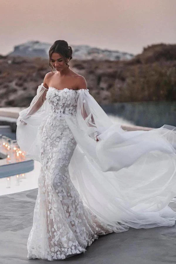 Off Shoulder Lace Mermaid Beach Wedding Dresses With Detachable Train