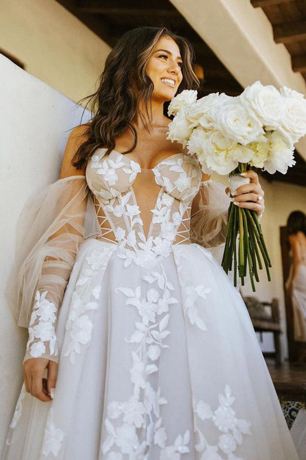 Schulterfreies, lange Ärmel, Spitzenapplikationen, böhmisches Brautkleid