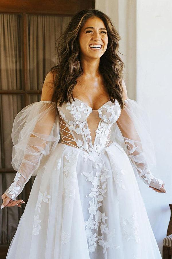 Schulterfreies, lange Ärmel, Spitzenapplikationen, böhmisches Brautkleid