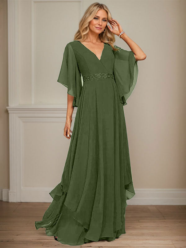 A-Linie V-Ausschnitt Bodenlang Chiffon Kleid für die Brautmutter mit Pailletten Applikationen Spitze Perlen