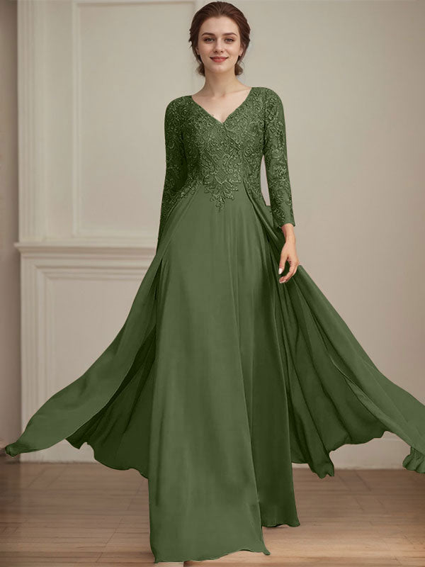 A-Linie V-Ausschnitt Bodenlanges Spitzen-Chiffon-Kleid für die Brautmutter mit Pailletten