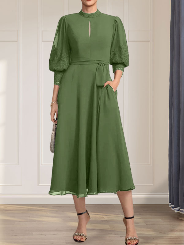 Vestido de gasa con encaje, cuello alto, largo hasta la rodilla, para madre de la novia con lazo