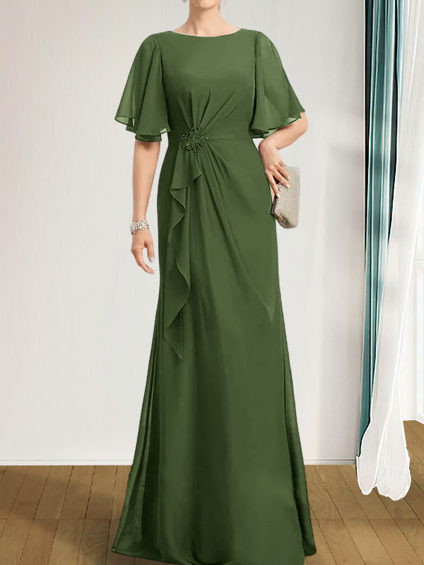 Vestido de gasa para madre de la novia, corte A, escote redondo, largo hasta el suelo, con volantes en cascada, cuentas y lentejuelas
