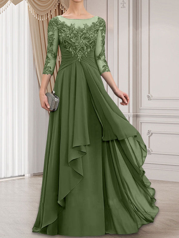 Vestido de gasa con encaje, corte A, escote ilusión, largo hasta el suelo, para madre de la novia con volantes en cascada