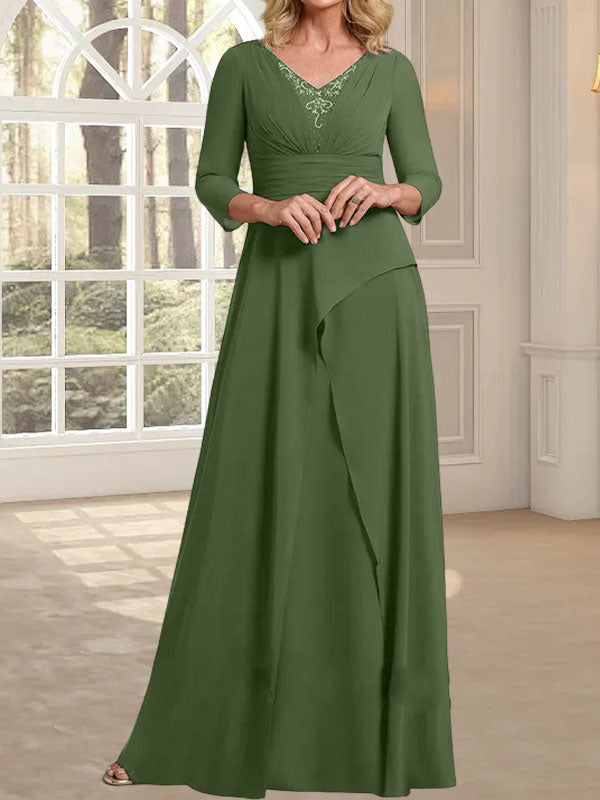 A-Linie, V-Ausschnitt, bodenlanges Chiffonkleid für die Brautmutter mit plissierter Perlenstickerei