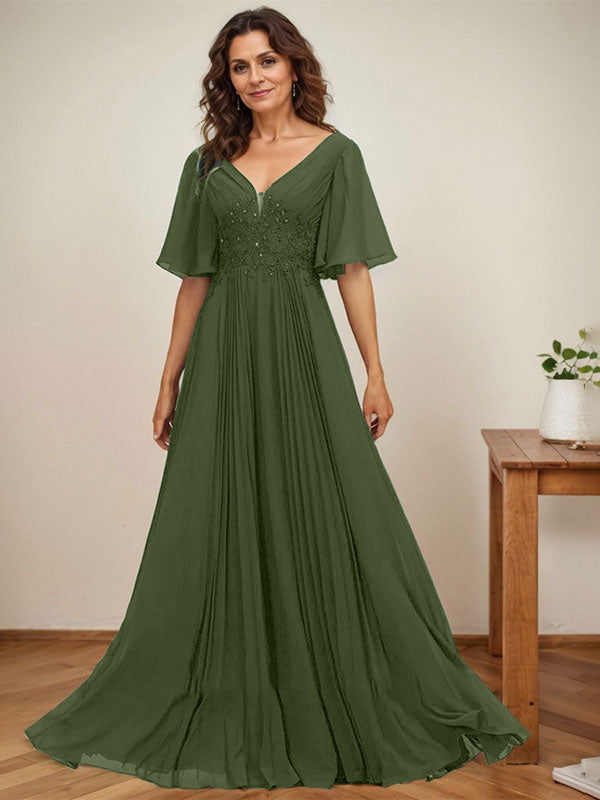 A-Linie V-Ausschnitt Bodenlang Chiffon Mutter der Braut Kleid Mit Pailletten Applikationen Spitze Plissee
