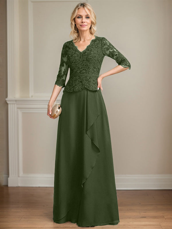 A-Linie, V-Ausschnitt, bodenlanges Chiffon-Kleid für die Brautmutter mit kaskadierenden Rüschen und Pailletten