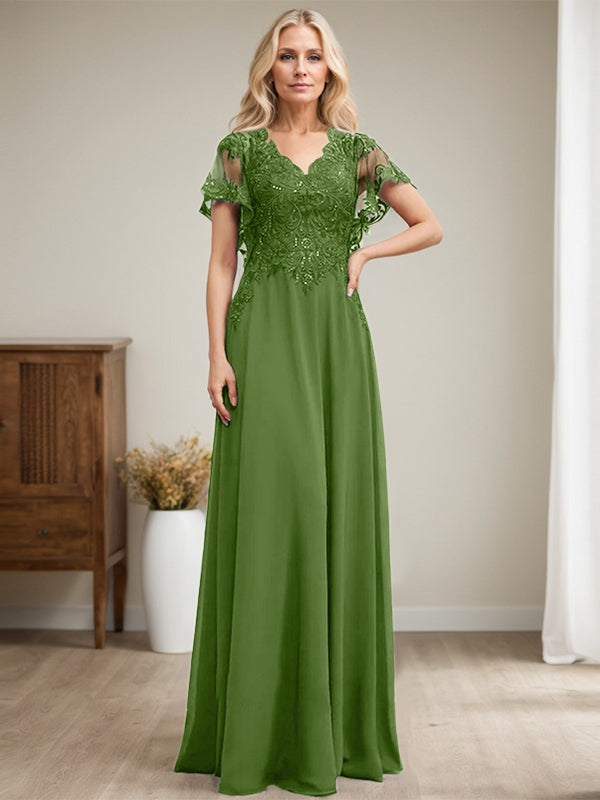 A-Linie V-Ausschnitt Bodenlanges Spitzen-Chiffon-Kleid für die Brautmutter mit Pailletten