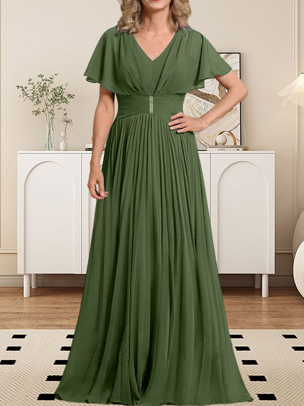 A-Linie V-Ausschnitt Bodenlang Chiffon Mutter der Braut Kleid Mit Kristall Brosche Plissee