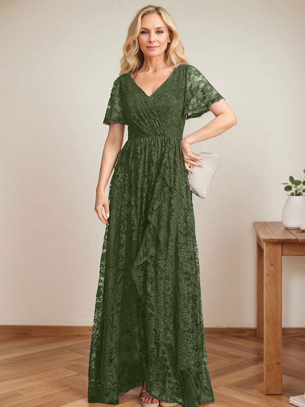 A-Linien-Kleid mit V-Ausschnitt, asymmetrischer Spitze für die Brautmutter mit kaskadierenden Rüschen