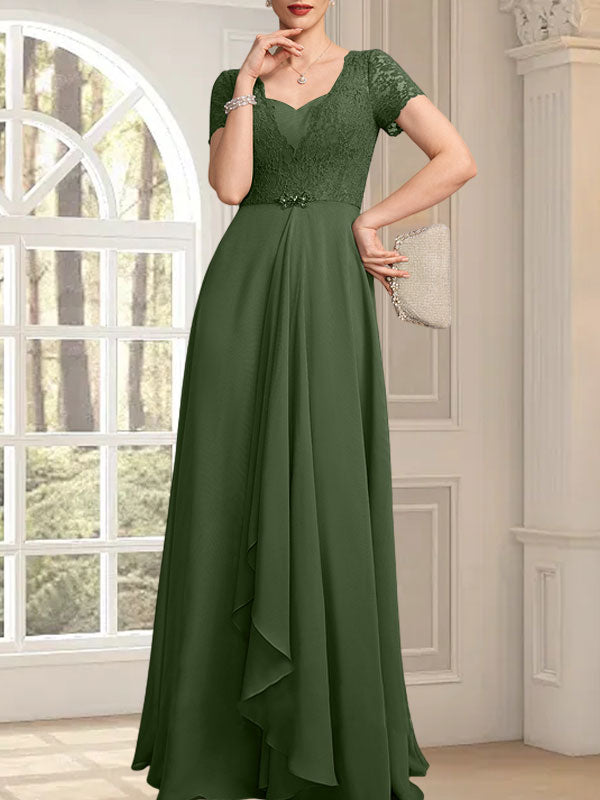 A-Linie, Herzausschnitt, bodenlang, Chiffon, Spitze, Kleid für die Brautmutter mit Perlenbesatz, kaskadierenden Rüschen