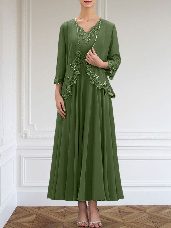 A-Linie V-Ausschnitt Knöchellang Chiffon Kleid für die Brautmutter mit Pailletten Applikationen Spitze Perlen